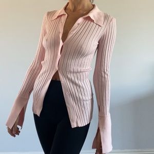 Retro rib sweater knit button up collared shirt